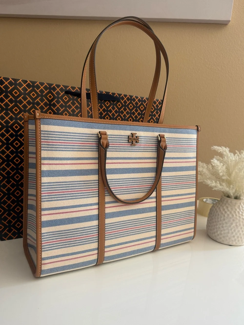 NWT, tory burch blake stripe canvas jumbo large tote multi walnut $550